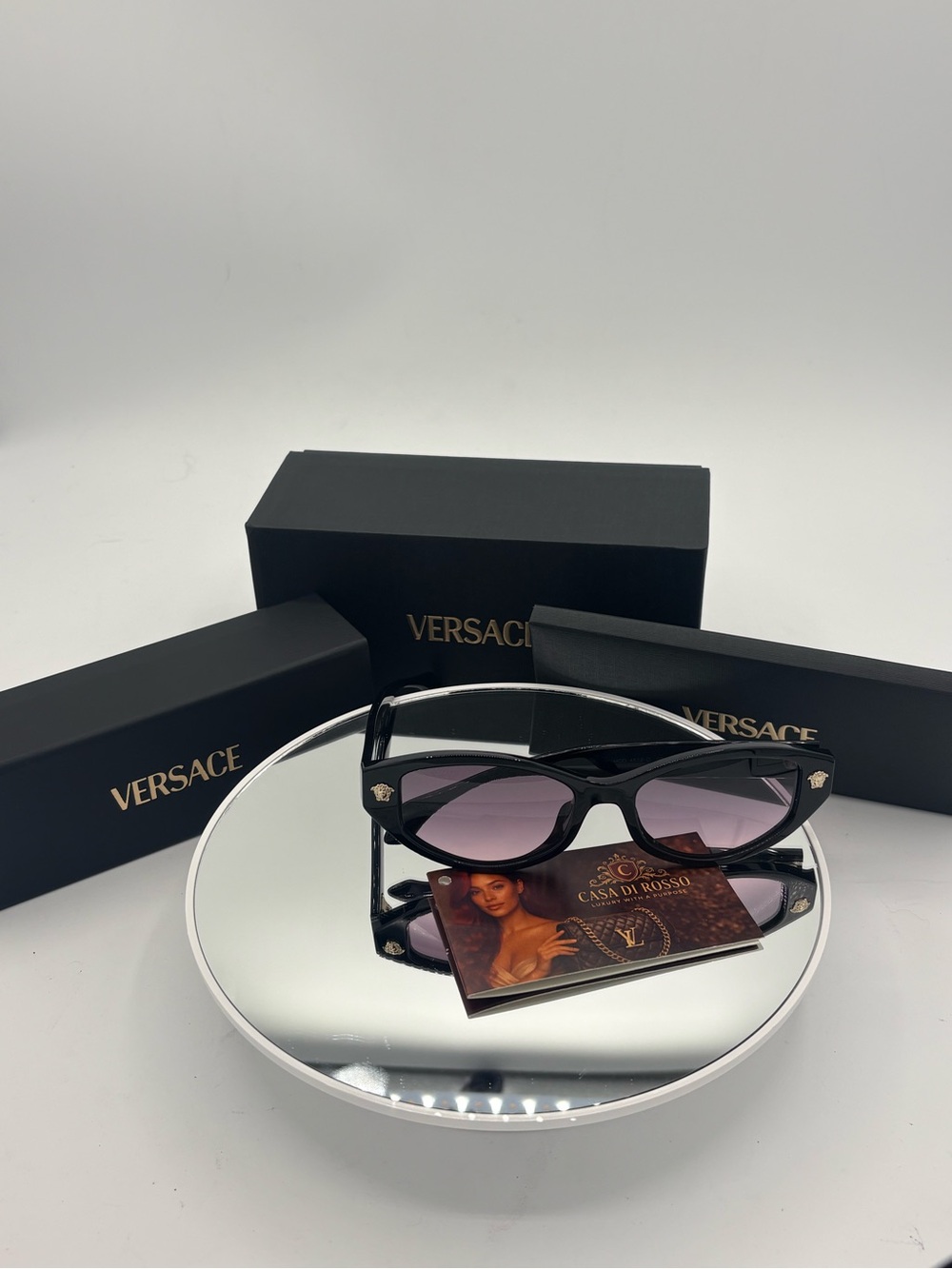 Versace Black Cat-Eye Sunglasses with Purple Tint Lenses